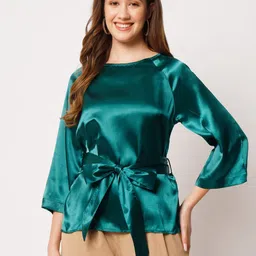 CHARMGAL Raglan Sleeves Satin Top With Waist Tie-Up-picture-13