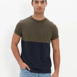 American Eagle Outfitters Navy & Olive Cotton Regular Fit Colour Block T-Shirt-image-78