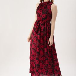 DressBerry Women Black Floral Printed Fit and Flare Dress-image-70