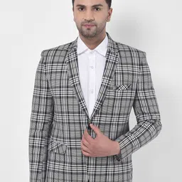 LUXURAZI Men Grey & White Checked Slim-Fit Single-Breasted Formal Blazer-9