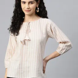 Cottinfab Beige & White Cotton Striped Top-image-52