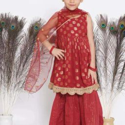 Little Bansi Maroon & Gold Cotton Embroidered Kurta Set-image-60