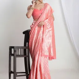 Janasya Ethnic Motifs Zari Woven Design Banarasi Saree with Blouse Piece-picture-53