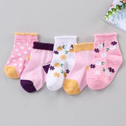 Cute Walk by Babyhug Ankle Length Antibacterial Socks Multi Design Pack Of 5 - Multicolor-image-7