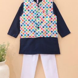 Babyhug 100% Cotton Full Sleeves Solid Kurta and Pyjama Set with Printed Modi Jacket - Navy & White-image-3