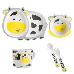 SANISHTH Cartoon Animal Cow Bamboo Fiber Dinnerware Plate & Bowl Set for Kids Toddler Plate Bowl Cup Spoon Fork Eco Friendly Non Toxic Self Feeding Baby Utensil Set of 5 Pieces - Yellow-image-11