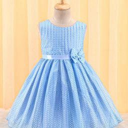 Babyhug Woven Sleeveless Textured Party Dress with Bow Corsage - Blue-image-49