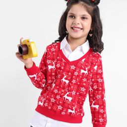 Babyhug Cotton Knit Full Sleeves Sweatshirt with Deer Print - Red-image-75
