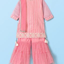 Babyhug Three Fourth Sleeves Embroidered Kurti Sharara and Dupatta Set - Pink-image-91