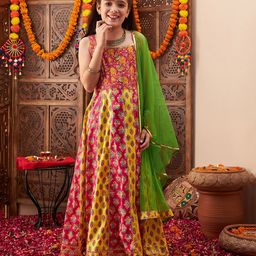 Cherry & JerrySleeveless Ethnic Floral Motif Printed & Gota Lace Embellished A Line Gown With Dupatta - Yellow-image-29