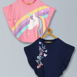 Plum Tree Pack Of 2 Half Sleeves Floral & Unicorn Printed Tops - Pink & Navy Blue-picture-0