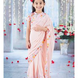 Little Bansi Half Sleeves Floral Printed Blouse With Coordinating Ready To Wear Saree - Peach-picture-23