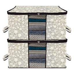 Kuber Industries Underbed Storage BagNon-Woven Floral Print Blanket CoverRazai CoverDuvet Cover Transparent Window & HandleLargePack of 2,Gray,-17