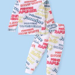 Babyhug Disney Cotton Knit Full Sleeves Night Suit With Disney Princess Print - White-picture-38