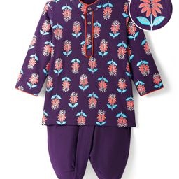 EARTHY TOUCH Single Jersey Knit Full Sleeves Floral Foil Printed Kurta Dhoti Set - Purple-image-82