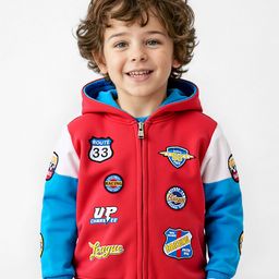 Babyhug Fleece Knit Full Sleeves Hooded Front Open Cut & Sew Designed Sweatjacket withText Print & Badge Detailing - Blue & Red-image-96