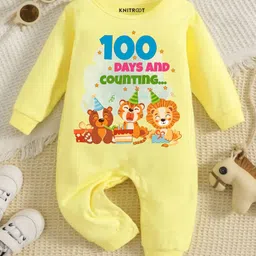 KNITROOT Milestone Theme Full Sleeves 100 Days And Counting Text Printed Romper - Yellow-picture-5