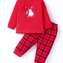 Zero Interlock Knit Full Sleeves Checkered & Bear Printed T-Shirt & Joggers Set - Red-image-45