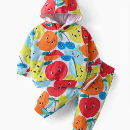 Babyhug Terry Knit Full Sleeves Hooded T-Shirt & Lounge Pants Set Fruits Print - Orange White & Red-image-46