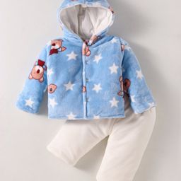 Mom's pet Fur Full Sleeves Teddy Bear Printed Hooded Jacket & Pant - Sky Blue-image-89
