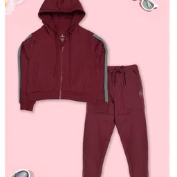 Kiddopanti Fleece Full Fleeves Front Zip Opening Crop Length Hooded Sweatshirts With Joggers - Maroon-picture-38