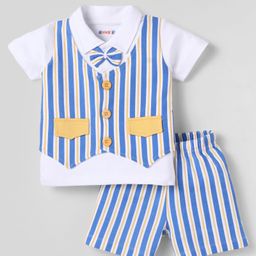 Kookie Kids Interlock Knit Half Sleeves T-Shirts & Shorts Set With Attached Waistcoat & Bow Applique - White & Blue-image-83