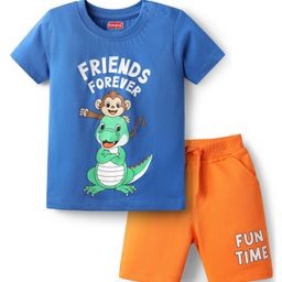 Babyhug Single Jersey Knit Half Sleeves T-Shirt & Shorts Set with Animal & Friends Forever Text Print - Orange & Blue-image-82