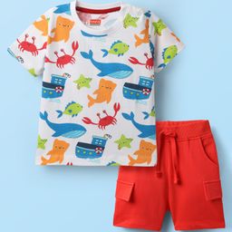 Babyhug Single Jersey Knit Half Sleeves T-Shirt & Shorts Set With Sea Animals Print - White & Red-picture-26