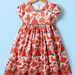 Babyhug Cotton Woven Half Sleeves Ethnic Dress With Floral Print - White-image-23