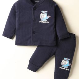 CUCUMBER Sinker Knit Full Sleeves Front Open T-Shirt & Joggers Set With Elephant & Helicopter Print - Navy Blue-picture-25