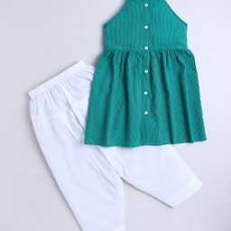 Aww Hunnie 100% Cotton Sleeveless Striped Thread Katha Work Detailed Kurta Salwar Set - Green-picture-8