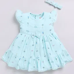 Snuggly MONKEY Seersucker Woven Cap Sleeves Elephants Printed Bow Applique Detailed Tiered Dress With Headband - Sky Blue-picture-29