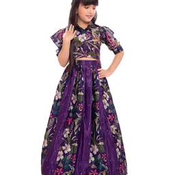 Tiny Kingdom Woven Half Puffed Sleeves Bird Embroidered Floral Printed Coordinating Lehenga Choli With Hair Clip Set - Purple-picture-40