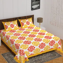 Aura White & Yellow Ethnic Motifs Printed 144 TC Cotton Queen Bedsheet Set 2.10 m x 2.30 m-image-70