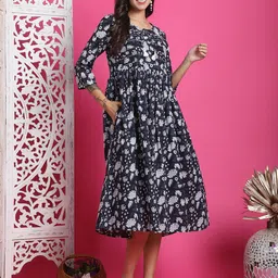 Rajnandini Floral Printed Tie-Up Neck Pure Cotton Fit And Flare Dress-image-86