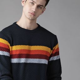 Roadster Men Navy Blue & Orange Striped Pullover Sweater-image-38