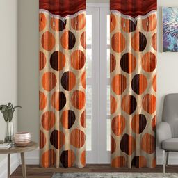Cortina Orange & Beige Set of 2 Fancy Valance Polka Printed Door Curtains-18