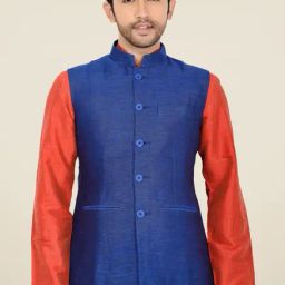 Manyavar Blue Textured Ethnic Waistcoat-picture-46