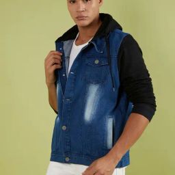 Campus Sutra Black & Blue Cotton Regular Fit Colour Block Denim Jacket-picture-11