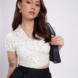 Stylecast X Hersheinbox Gathers & Back Slit Polka Dot Printed Shirt Style Crop Top-image-40