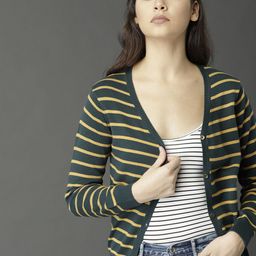 Roadster Women Green & Yellow Striped Cardigan-picture-22