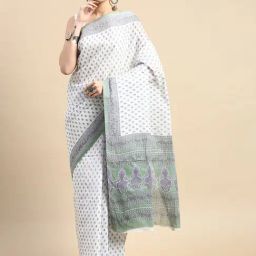 SHANVIKA White & Green Cotton Printed Saree Without Blouse-picture-31