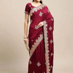 Warthy Ent Maroon Silk Embroidered Saree With Unstitched Blouse-picture-10