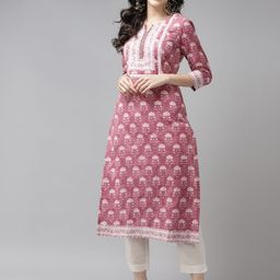 Rain & Rainbow Women Rust Red & White Pure Cotton Ethnic Motifs Printed Kurta-39