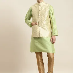 SOJANYA Men Green Striped Kurta with Churidar & Nehru Jacket-image-94