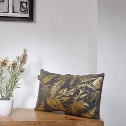 BLANC9 Grey & Gold-Toned Single Self Design Rectangle Cushion Covers-24