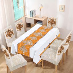 Cortina 7-Pcs Beige & Orange Printed Table Cover & Dining ChairCoverSet-picture-1