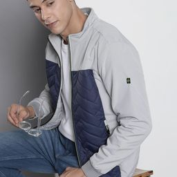 The Indian Garage Co Men Grey Navy Blue Colourblocked Tailored Jacket-image-65