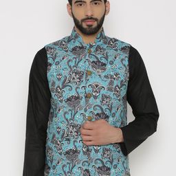 Wintage Men Blue & Grey Printed Woven Nehru Jacket-23
