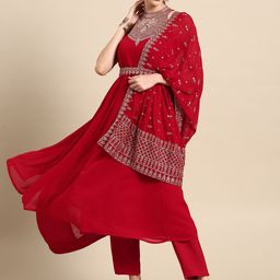 Anouk Women Red Ethnic Motifs Embroidered Kurta with Trousers & Dupatta-56